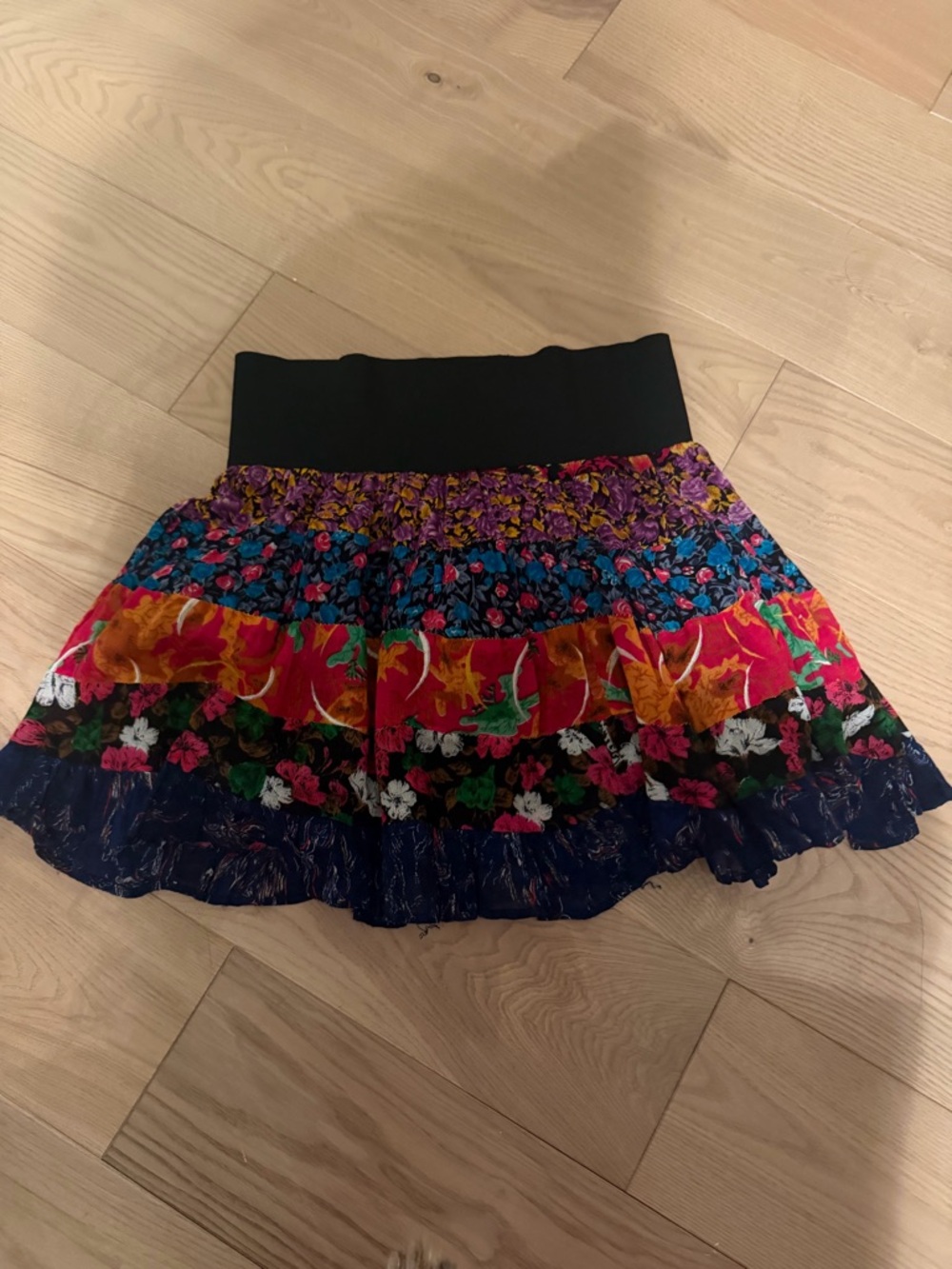 Urban Renewal Black-Waist Multi-Color Floral Tiered Skater Skirt